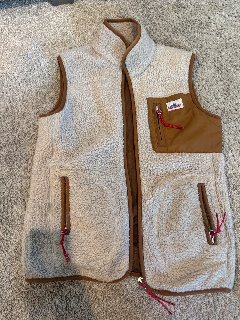 Penfield Women’s Cream Sherpa Vest with Brown Trim
